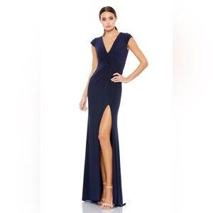 Size 10 navy blue formal dress Radiant V-neck Long Slit Dress by Mac Duggal New